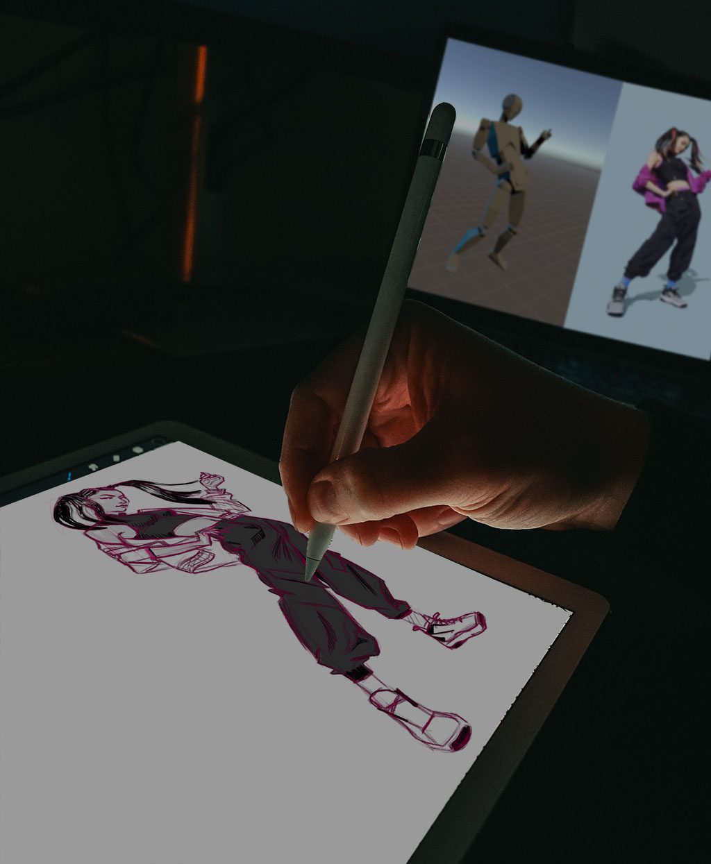 An artist sketches a figure on an iPad with Apple Pencil, working from a 3D mannequin and a reference photo on a monitor behind.